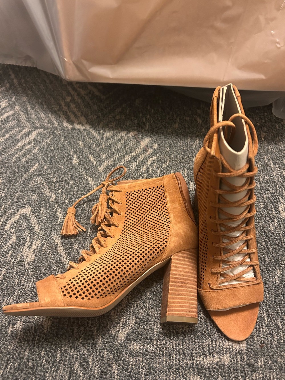 Marc Fisher Tan Perforated Lace-Up Peep-Toe Block Heel Booties